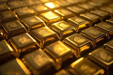 An array of shiny golden bars stacked neatly in a grid pattern, radiating luxury, wealth, and opulence.
