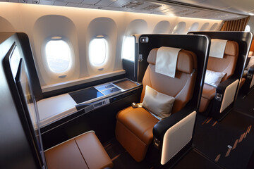 Modern passenger airplane business class cabin interior