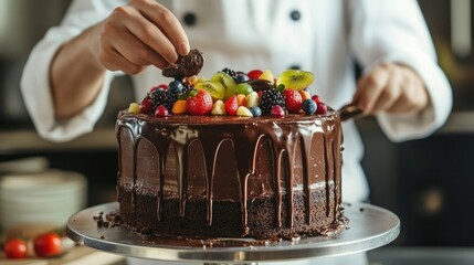 In the kitchen, a pastry chef is creating a cake with chocolate, fruit, and candy.Chocolate cake decoration, cooking classes, baking, and the concepts of food and people are all done by confectioners.