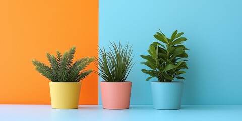 Three different potted plants are placed against a vibrant backdrop divided into blue and orange sections.