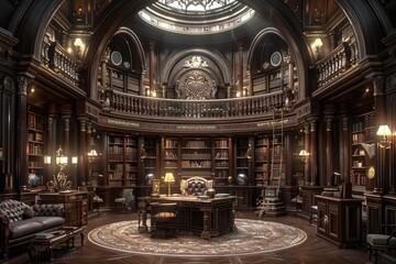 Obraz premium Writer in Library An author or writer at a desk in a cozy library