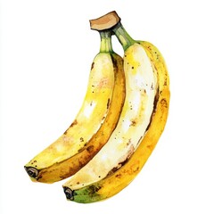 Two Watercolor-Painted Ripe Bananas on White Background