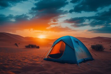 Camping tent in desert landscape with dune outdoor sunset