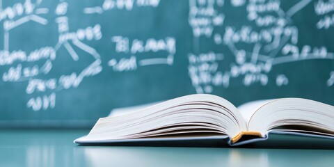 A math book is open on a table with a chalkboard behind it. The chalkboard has equations and formulas written on it