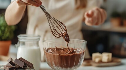 Close-up of a woman at a textured table, whisking delectable chocolate cream with a glass of milk.