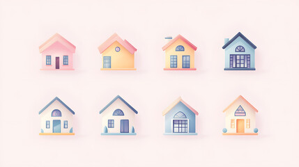 Pastel house set of icons with smooth lines and soft colors isolated on a light background