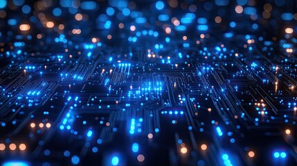 Obraz premium An abstract telecommunications tech background with blue lights and wire circuits showcases modern computing.