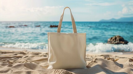 Canvas tote bag mockup on sandy beach with ocean waves, ai generated