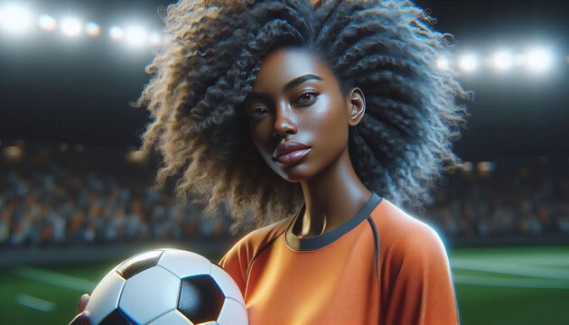Female soccer player holding a ball on a stadium field under bright lights. Focus on athlete, competition, and sports performance - Powered by Adobe