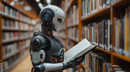 Fototapeta premium An AI humanoid robot reads a book in a minimalist library setting, illustrating machine learning and futuristic technology.