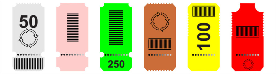 Realistic color paper blank tickets set. Vector mockup ticket for concert, boarding, lottery, movie and coupon