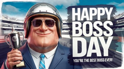 Cheerful celebration of boss with trophy and racing helmet on boss day