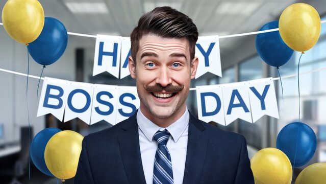 Celebrating boss day with a happy businessman in an office with balloons