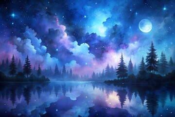 Dark watercolor background with deep blues and purples, creating a nighttime feel