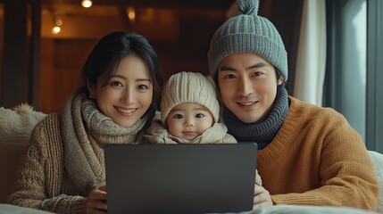 An Asian family uses a laptop for online shopping, representing the widespread adoption of technology in everyday life.