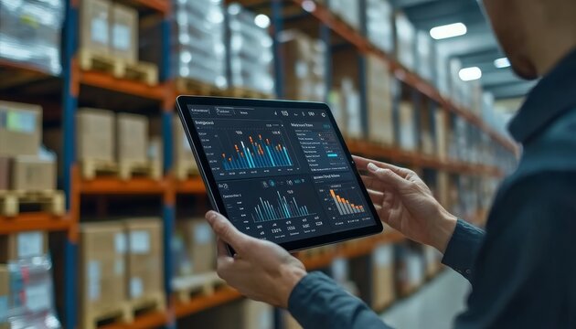 Smart Warehouse,Inventory management system concept.Manager using digital tablet,showing warehouse software management dashboard
