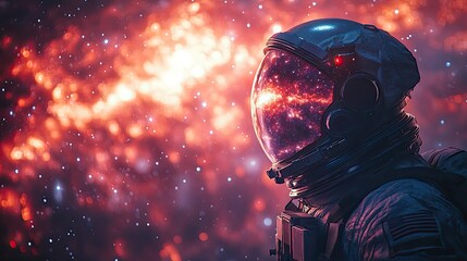 An astronaut gazes into the vast cosmos through a helmet visor, capturing the awe-inspiring relationship between space exploration and technology.