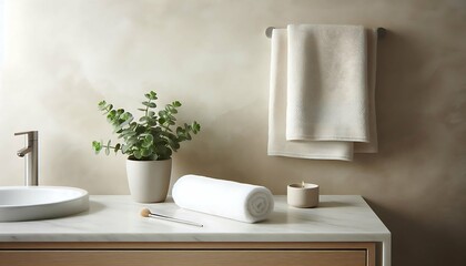 Bathroom Sink with Towel and Eucalyptus in Minimalist Design