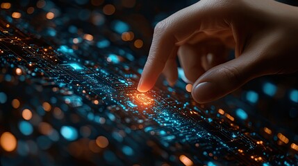 An automation concept featuring RPA, business workflow optimization, and technology innovation, symbolized by a hand pressing a digital button.