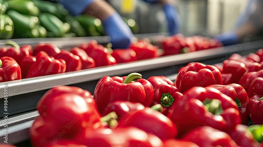 Sticker Fresh red bell peppers being sorted on a conveyor belt during harvest, workers inspecting the produce in the background.