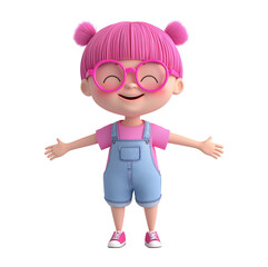 Cute cartoon girl with pink hair and glasses transparent image. Happy smiling kid wears denim overalls isolated cutout 3d render. Arms outstretched cut out clipart design element png