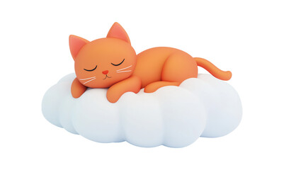 Cute orange cat sleeping on soft cloud transparent image. Kitten napping soundly on fluffy white cumulus isolated cutout 3d render. Peaceful kitty cut out clipart design element png