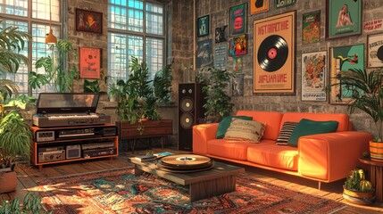 Cozy Retro Living Room with Vinyl Records and Plants