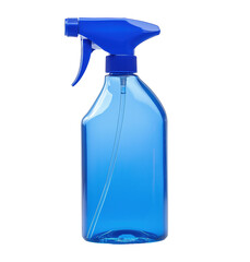 Blue plastic spray bottle with trigger nozzle image isolated transparent. Household cleaning tool cut out photo png. Home, industrial use. Spray cleaner cutout element object photography