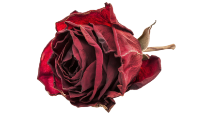 Single dried red rose flower image isolated transparent. Deep burgundy delicate textured petals preserved cut out photo png. Romantic natural decor cutout element object photography