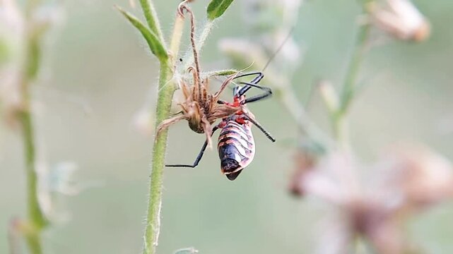 Red Killer Bug (Rhynocoris iracundus) on a grass branch, low angle shot. Macro video.