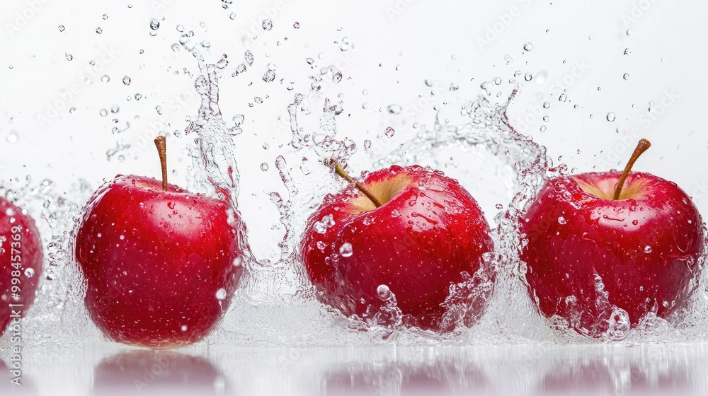 Canvas Prints Several red apples splashing into water, droplets suspended mid-air, contrasting against a crisp white background.