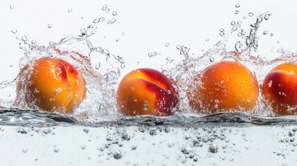 Several ripe orange peaches splashing into water, droplets scattering across a bright white background.