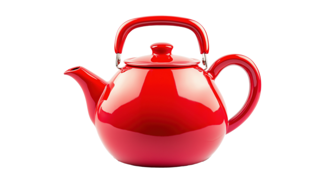 Glossy red teapot image isolated transparent. Ceramic kettle tea-pot with handle cut out photo png. Kitchenware decor. Modern kitchen accessory cutout element object photography - Powered by Adobe