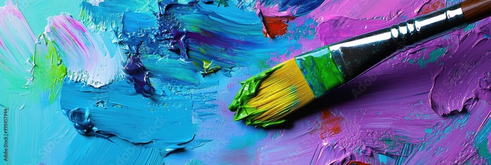 Aufkleber Bright splashes of paint sit on a palette as an artist uses a brush to create abstract strokes on a waiting canvas. Generative AI