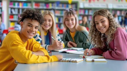 Fototapeta premium Group of students studying together in library