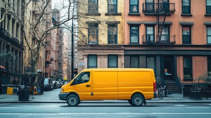 Yellow delivery van parked on a busy urban street, preparing to deliver packages and posts with buildings in the background.