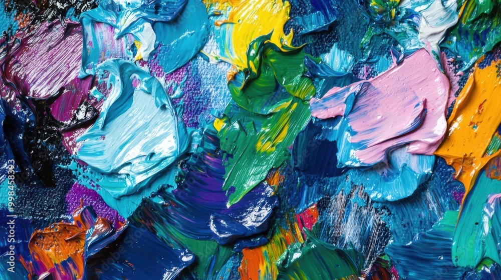 Aufkleber Bright splashes of color fill a palette as paintbrushes create abstract strokes on canvas, showcasing artistic expression and creativity. Generative AI