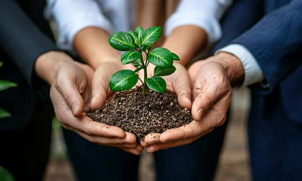 Hands hold the plant. Symbol of unification and motivation .Generative AI