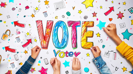 Colorful letters forming the word VOTE on a white piece of paper and voting hands.