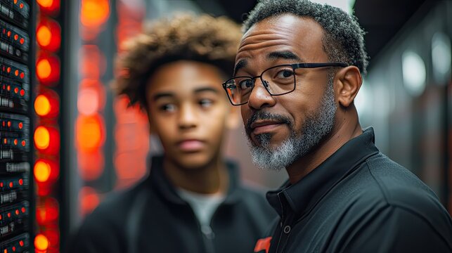 An IT technician guides a young intern through a data center, discussing diagnostics and maintenance next to server racks, showcasing mentorship in technology.
