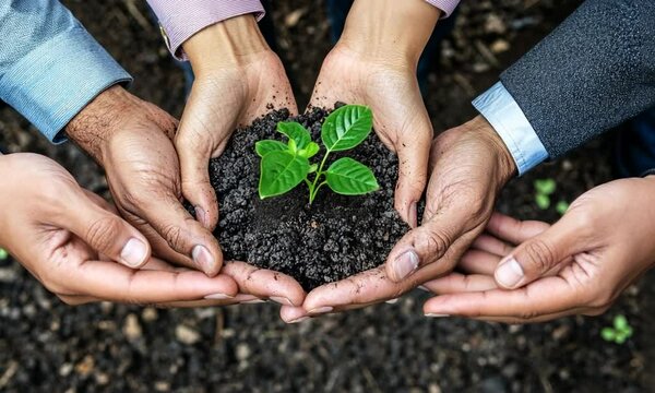 Hands hold the plant. Symbol of unification and motivation .Generative AI