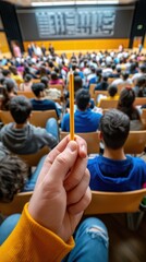 Hand holding pencil in crowded lecture hall