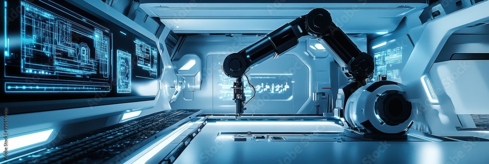Poster a robotic arm meticulously constructs intricate machinery in a modern laboratory featuring advanced 