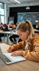 Focused student writing in classroom setting