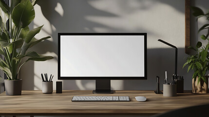 Fototapeta premium Minimalist home office desk setup with computer monitor and plants, perfect for productivity and modern working environment.