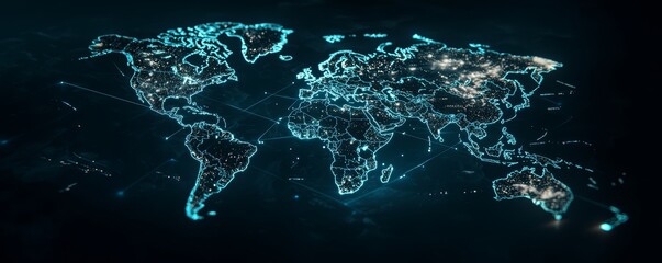 A cyber-inspired world map with luminous blue paths illustrating how global industries are interconnected through technology and communication.