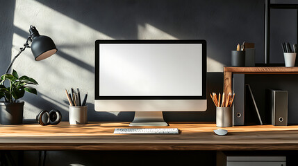Modern desk workspace with computer, lamp, and office supplies, well-lit by natural light, creating a clean and organized home office setting.
