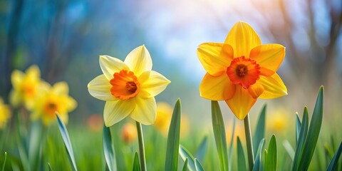 Obraz premium Two vibrant daffodils in full bloom next to a budding daffodil, daffodils, flowers, spring, blooming, blossoms, yellow, garden, nature
