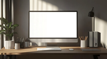 Modern home office workspace with a desktop computer, green plant, and desk lamp. Minimalist design and natural light create a calming setup.