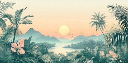 Tropical forest wallpaper with leaves, old drawing vintage style